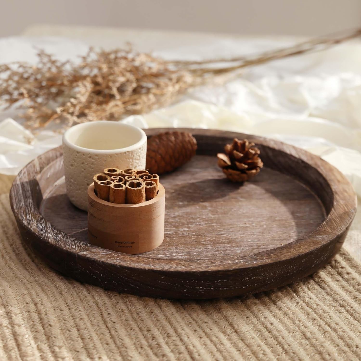 Candle Plate Holder Tray: round Wood Decorative Candle Plate Decor Farmhouse Table Centerpiece Rustic Wood Tealight Pillar Trays for Christmas Wedding Halloween Home Decor