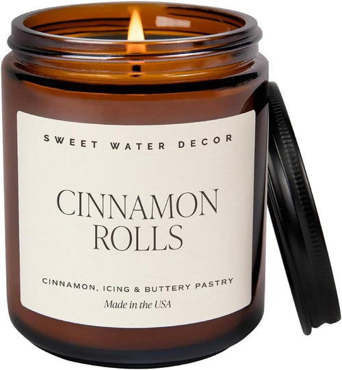 Cinnamon Roll Candle - Fall Candle with Cinnamon, Icing & Buttery Pastry for Home - Soy Candles with 40 Hours Burn Time - 9Oz Black Lid Amber Jar Holiday Scents