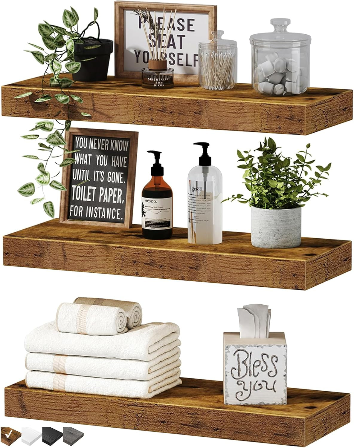 Floating Shelves for Wall Bathroom Shelf Bedroom Kitchen Living Room Hanging Book Shelves Small Farmhouse Decor 16 Inch Set of 3, Rustic Brown (015-BN3)