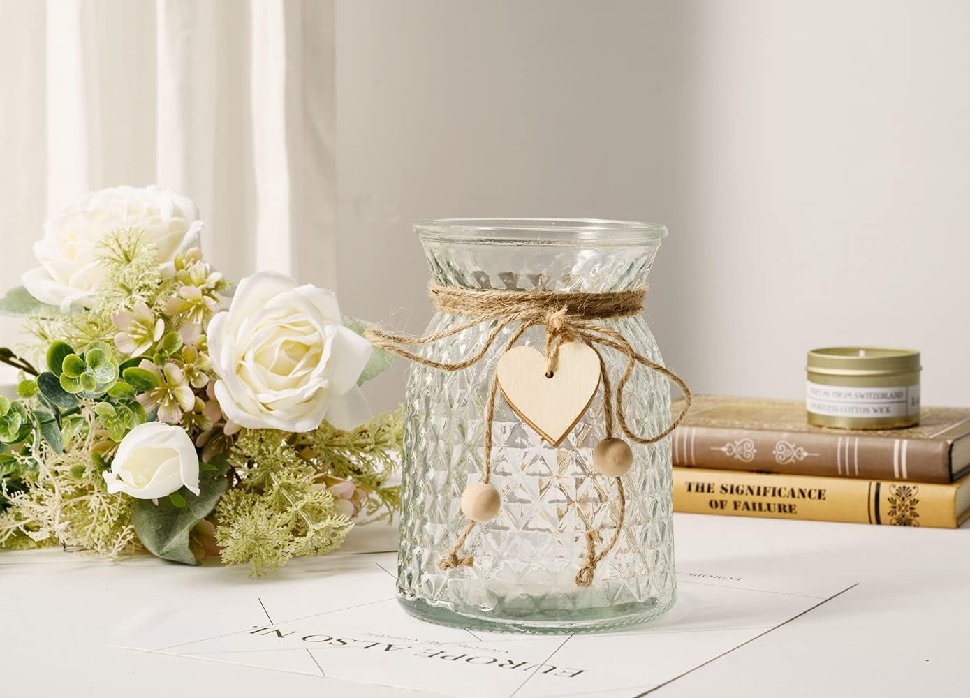 Fake Flowers with Vase, Silk Roses Artificial Flowers in Vase, Faux Flower Plant Arrangement Suitable for Home Office Decoration, Dining Table Centerpiece(White)