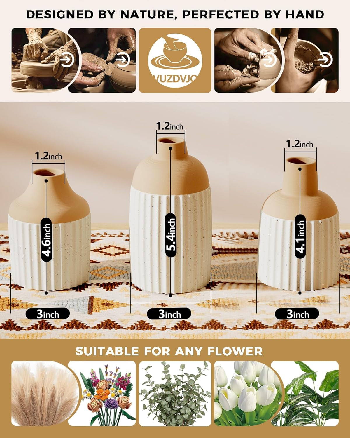 Beige Decorative Vase Set of 3 - Modern Boho Style Ribbed Ceramic Bud Vases for Flowers, Mini Small Vases for Shelf, Shelves, Bookshelf, Entryway Table & Home Decor Aesthetic (Beige White)