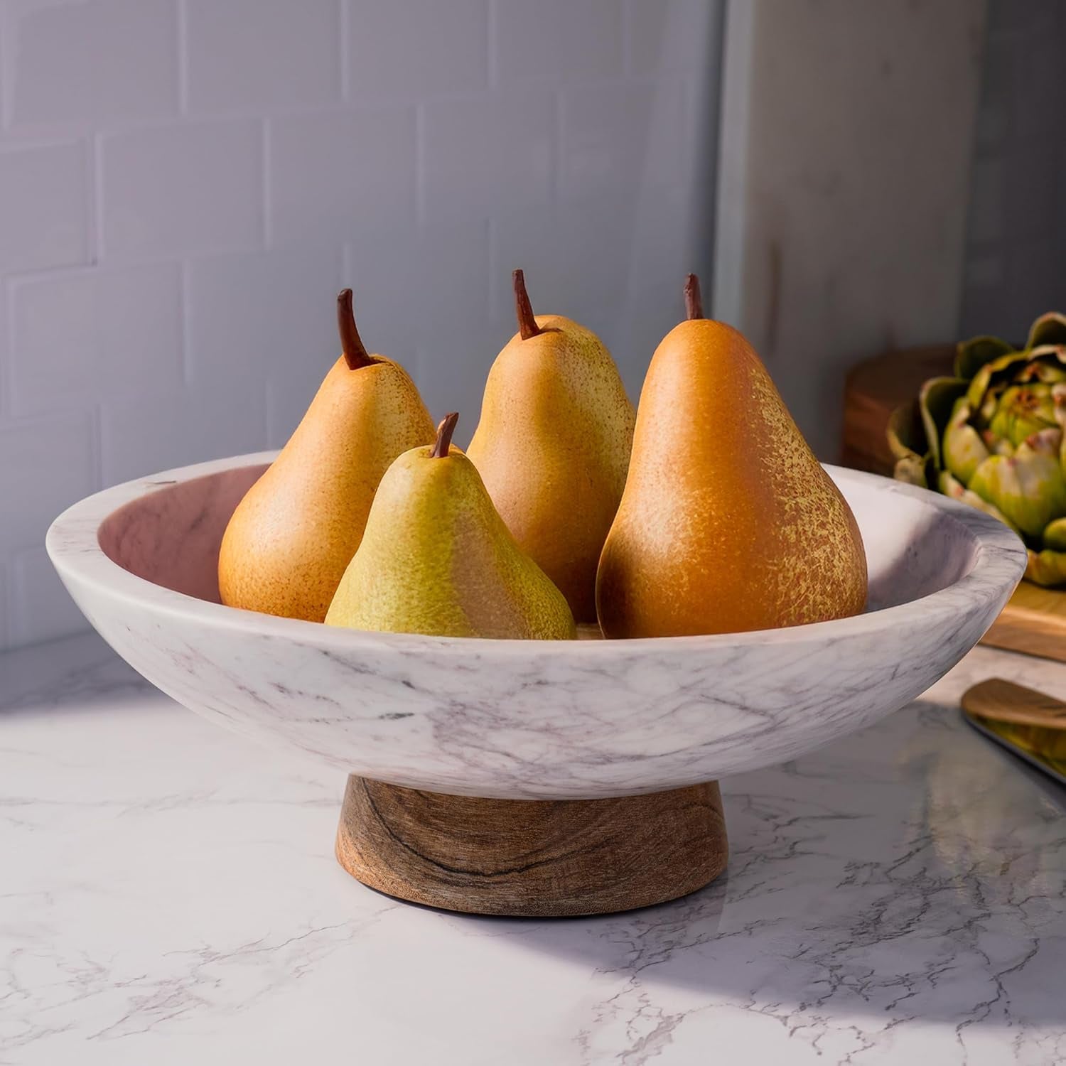 Marble Decorative Bowl for Home Decor - Handcrafted Natural Stone with Acacia Wood Pedestal - Versatile 11" Catch All for Entryway, Kitchen Fruit Bowl, Potpourri, Dining Table Centerpiece