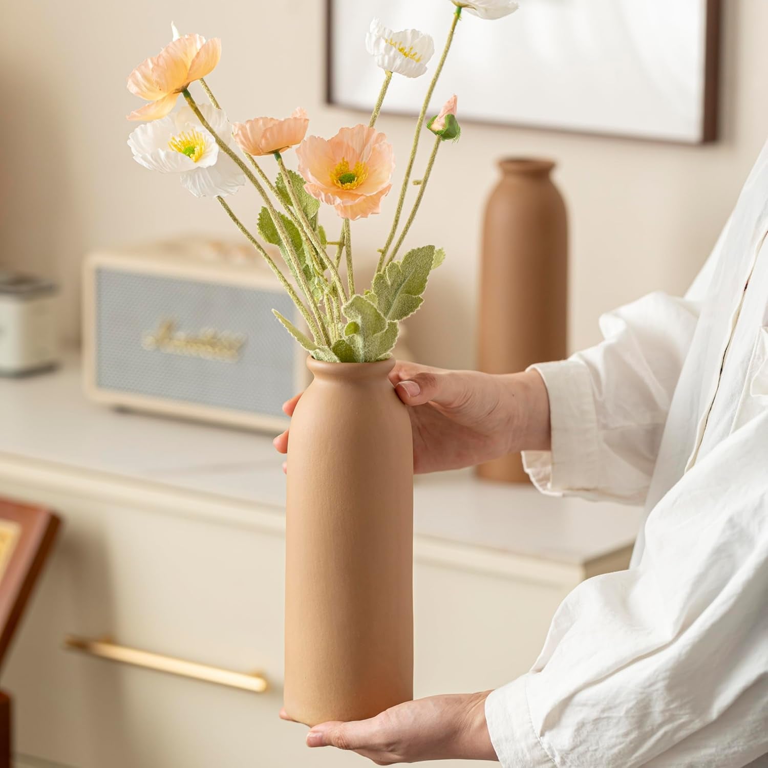 10.4 Inches Tall Decorative Ceramic Vase Set, 3 Pieces, Nordic Modern Boho Style, White, Modern Farmhouse for Home Decor (Coffee Mix)