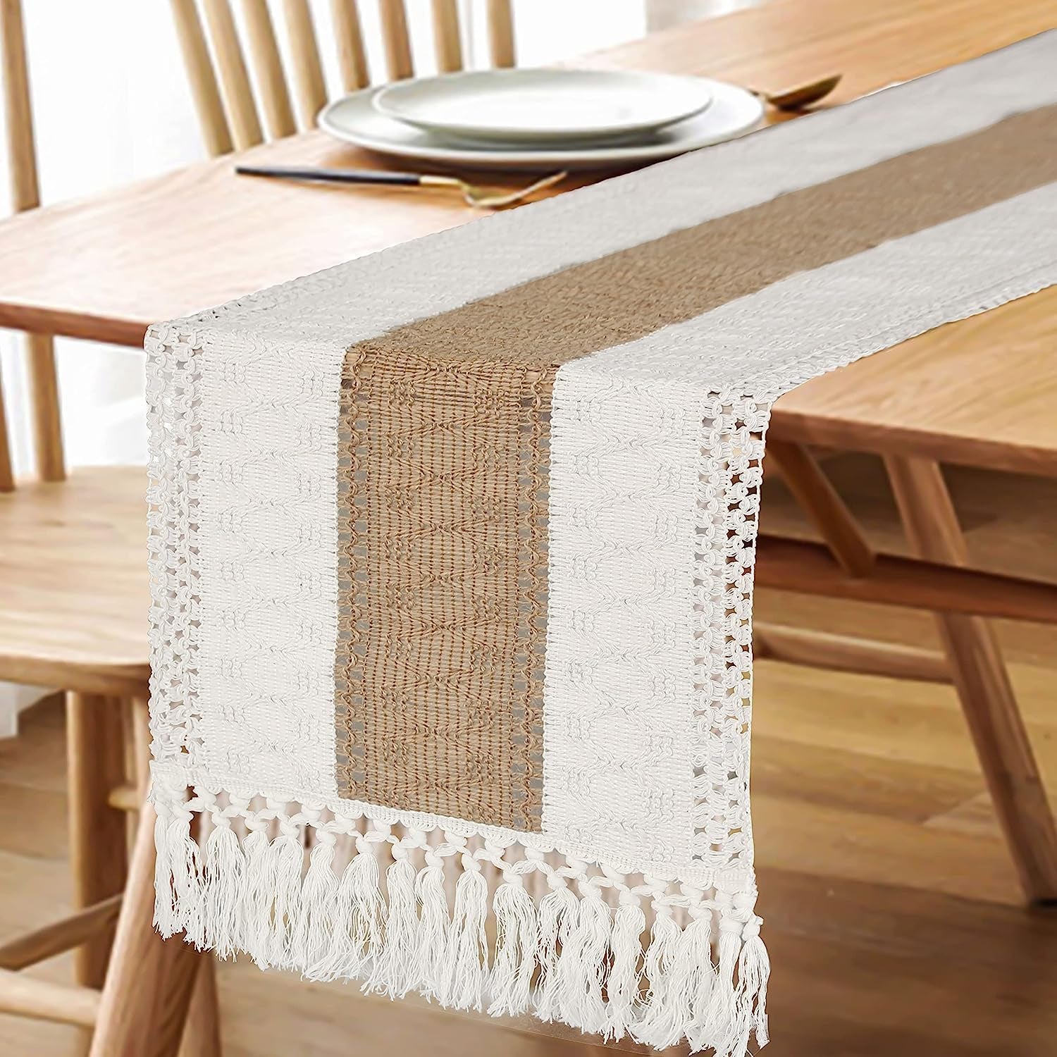 Boho Table Runner for Thanksgiving Fall Christmas Home Decor with Tassels 72 Inches Long Pottery Barn Furniture Farmhouse Rustic Macrame Burlap Table Decoration for Living Room (12X72 Inches)