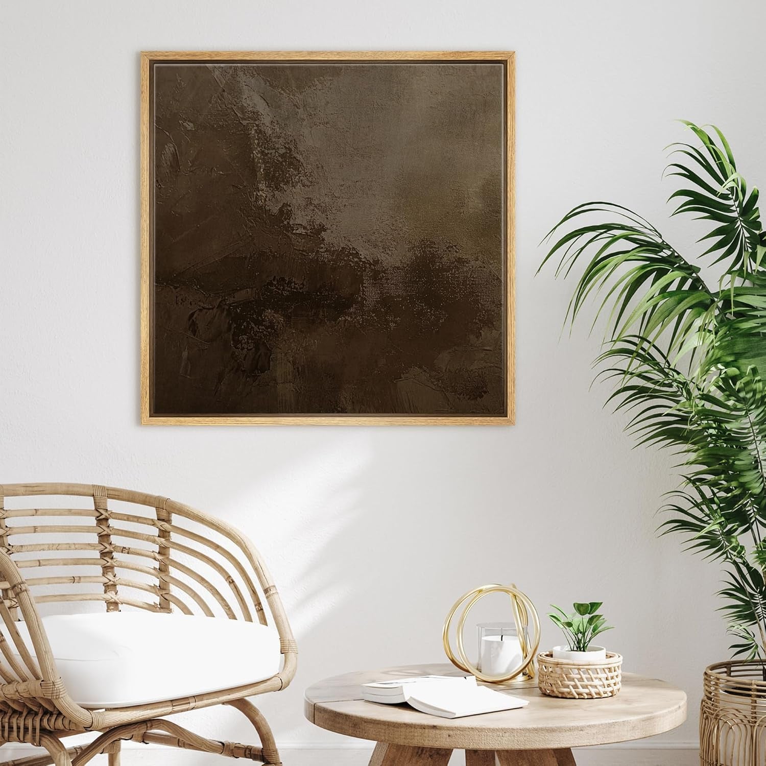 Framed Canvas Print Wall Art Textured Brown Abstract Rustic Brushstroke Illustrations Rustic Zen for Living Room, Bedroom, Office - 24"X24" Natural