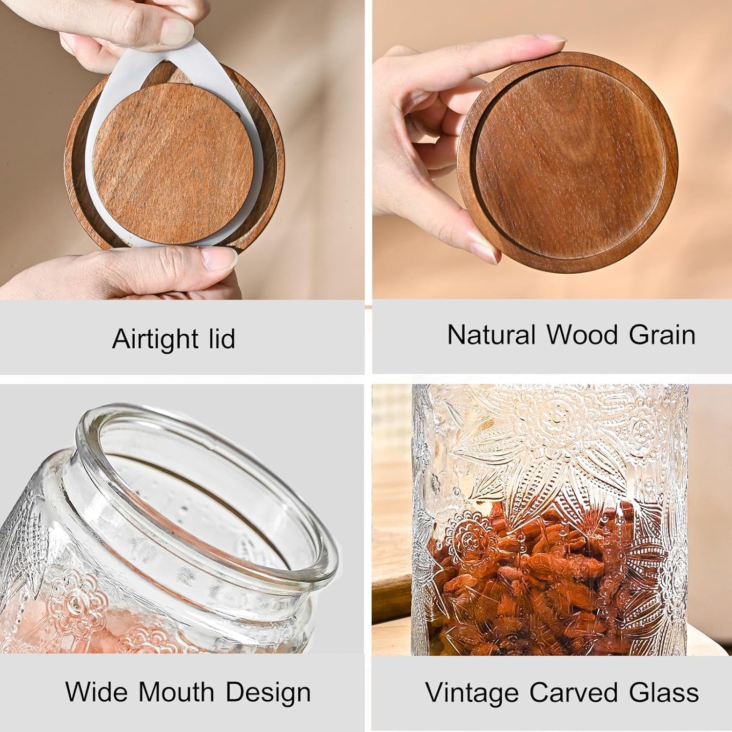 32Oz Vintage Glass Jar with Lid, Glass Storage Containers, Airtight Kitchen Storage Containers for Sugar, Coffee, Tea, Spice, Flour, Candy Cookie, Pasta, Cereal, Cute Decorative Jars