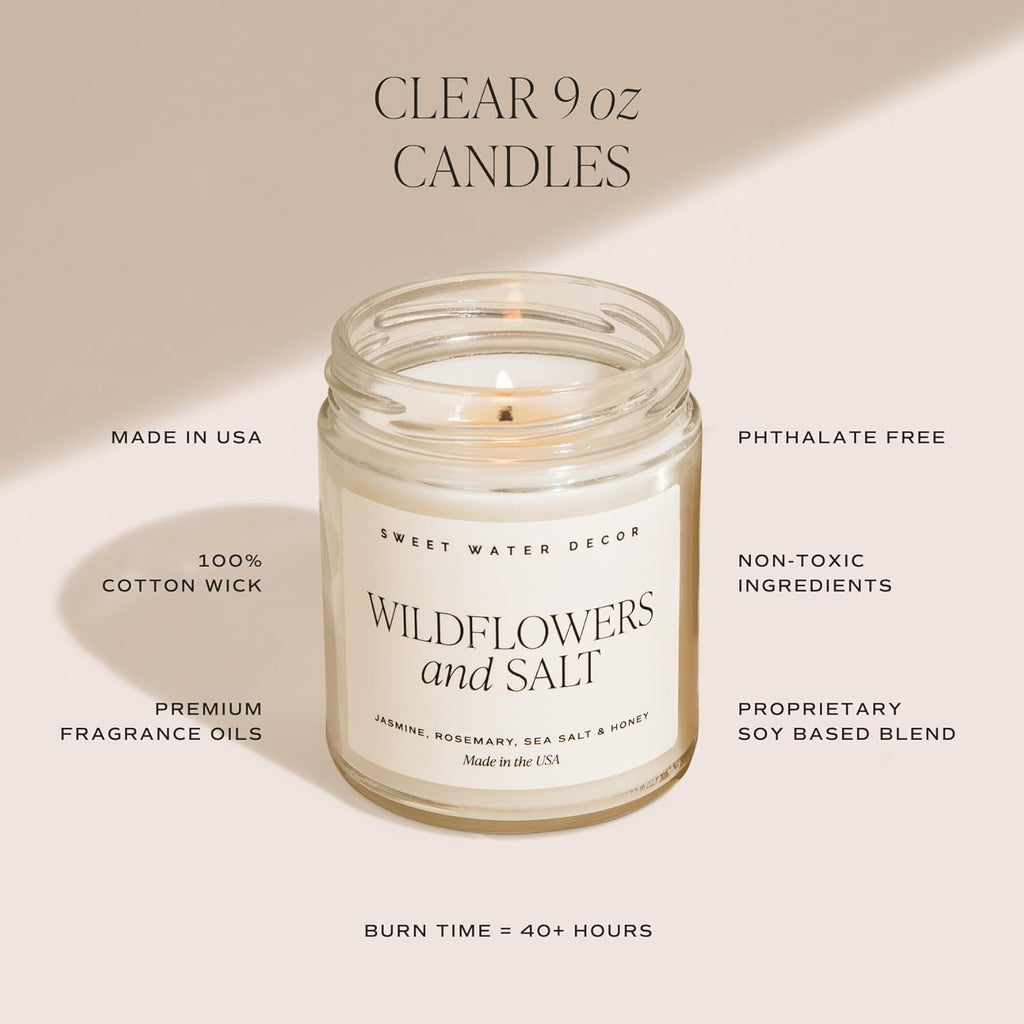 Spa Day Soy Candle - Sea Salt, Jasmine, Wood and Cream Scented Spring Candles for Home - 9Oz Clear Jar + Gold Lid, 40+ Hour Burn Time, Made in the USA