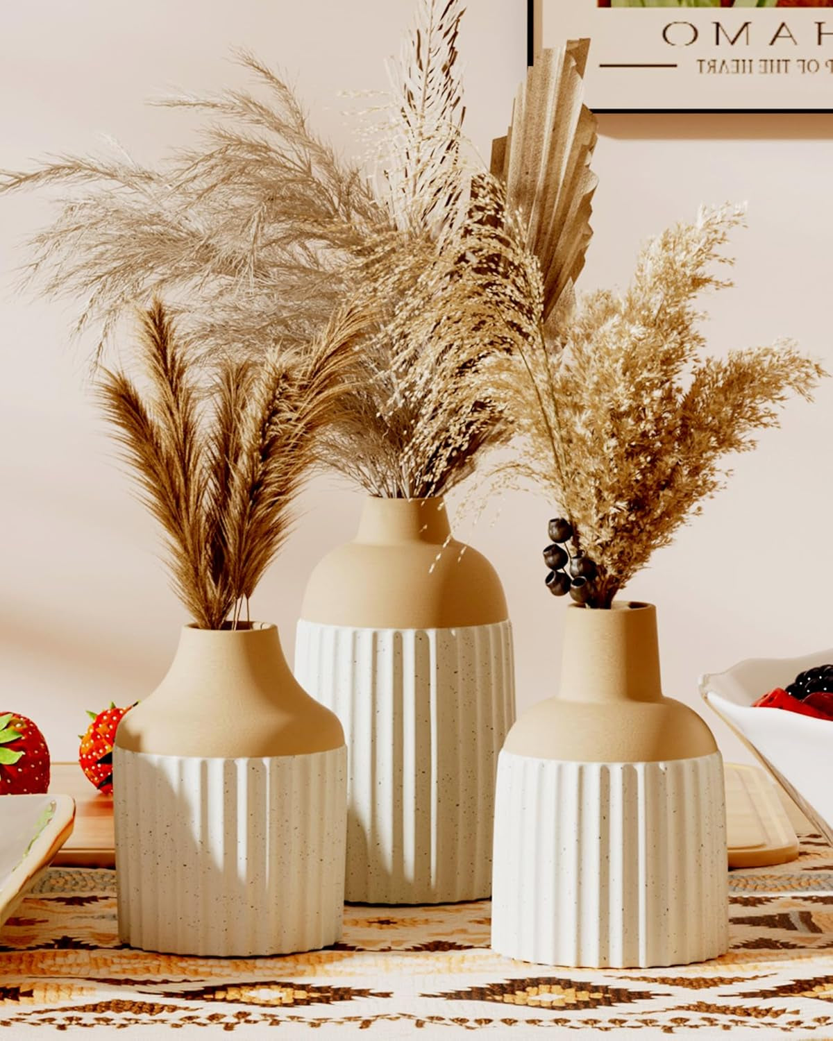Beige Decorative Vase Set of 3 - Modern Boho Style Ribbed Ceramic Bud Vases for Flowers, Mini Small Vases for Shelf, Shelves, Bookshelf, Entryway Table & Home Decor Aesthetic (Beige White)