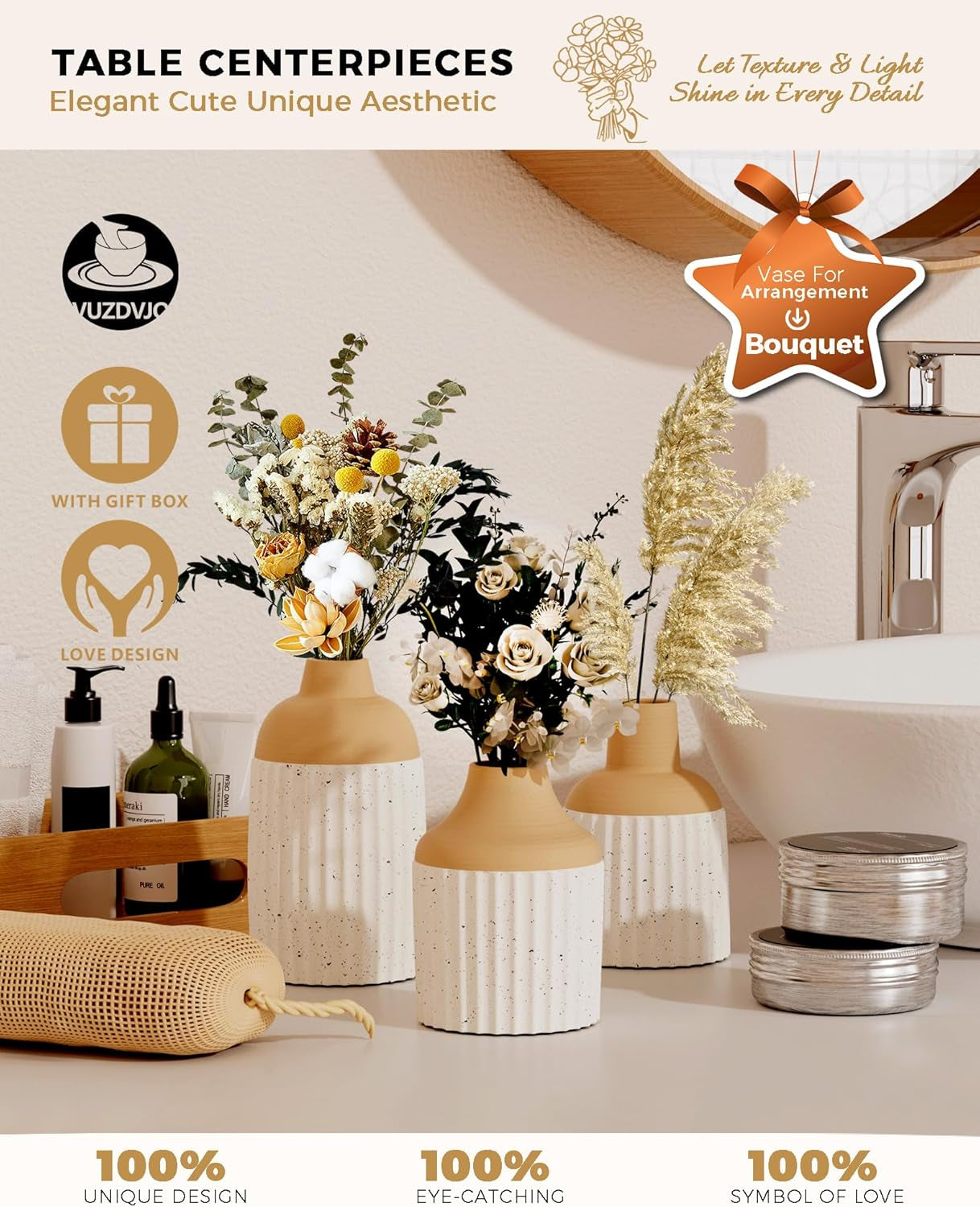 Beige Decorative Vase Set of 3 - Modern Boho Style Ribbed Ceramic Bud Vases for Flowers, Mini Small Vases for Shelf, Shelves, Bookshelf, Entryway Table & Home Decor Aesthetic (Beige White)