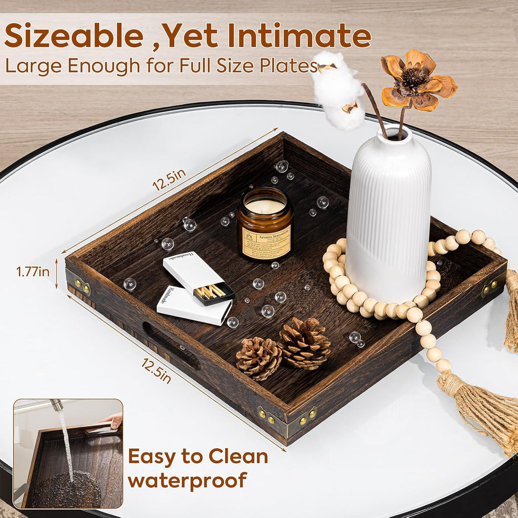 Serving Tray with Handles,13"*13"Wood Decorative Tray for Living Room,Modern Coffee Table Tray,Square Large Serving Platters for Home Decor,Ottoman,Bed,Kitchen,Bathroom, Breakfast,Bar