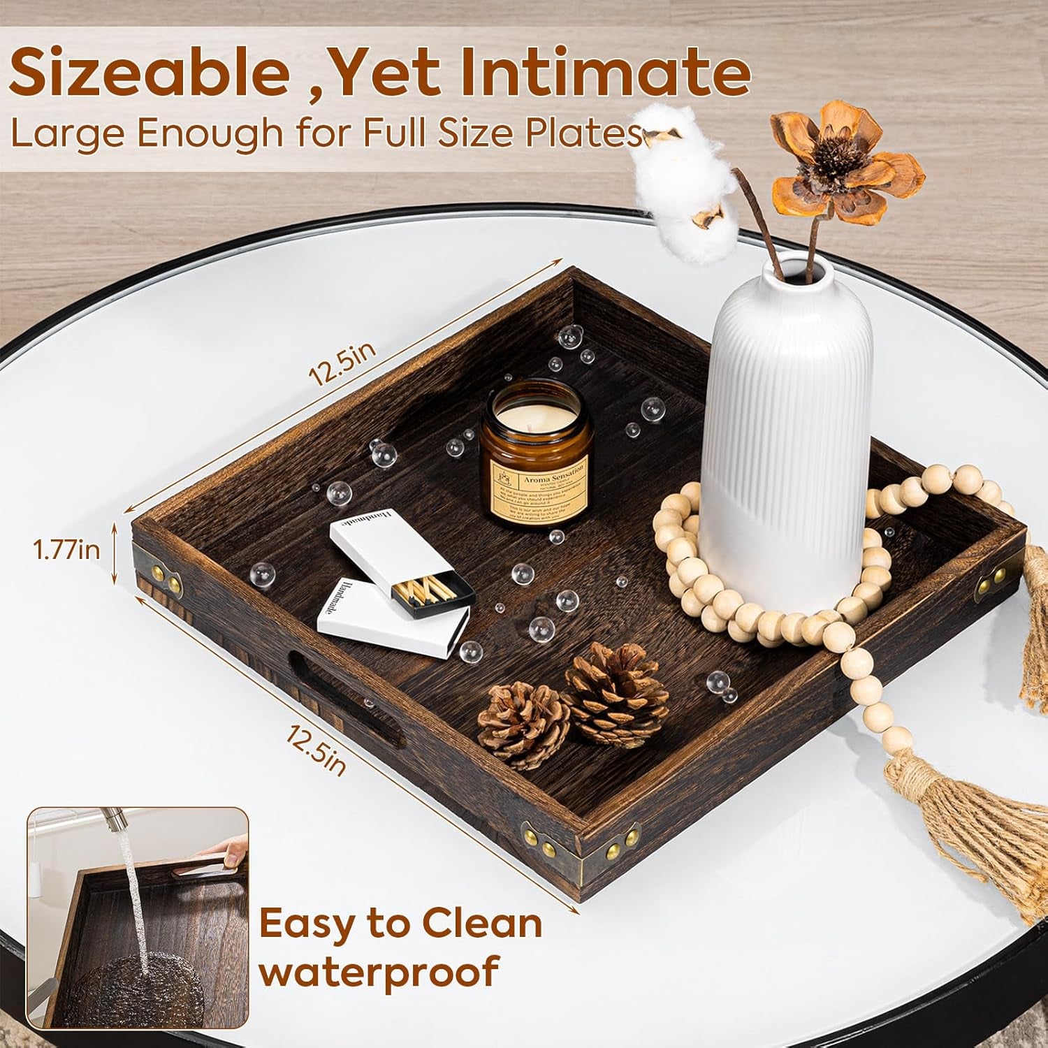 Serving Tray with Handles,13"*13"Wood Decorative Tray for Living Room,Modern Coffee Table Tray,Square Large Serving Platters for Home Decor,Ottoman,Bed,Kitchen,Bathroom, Breakfast,Bar