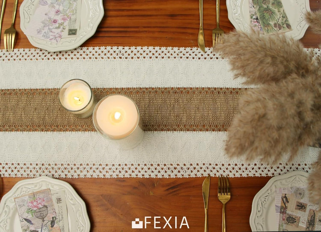 Boho Table Runner for Thanksgiving Fall Christmas Home Decor with Tassels 72 Inches Long Pottery Barn Furniture Farmhouse Rustic Macrame Burlap Table Decoration for Living Room (12X72 Inches)