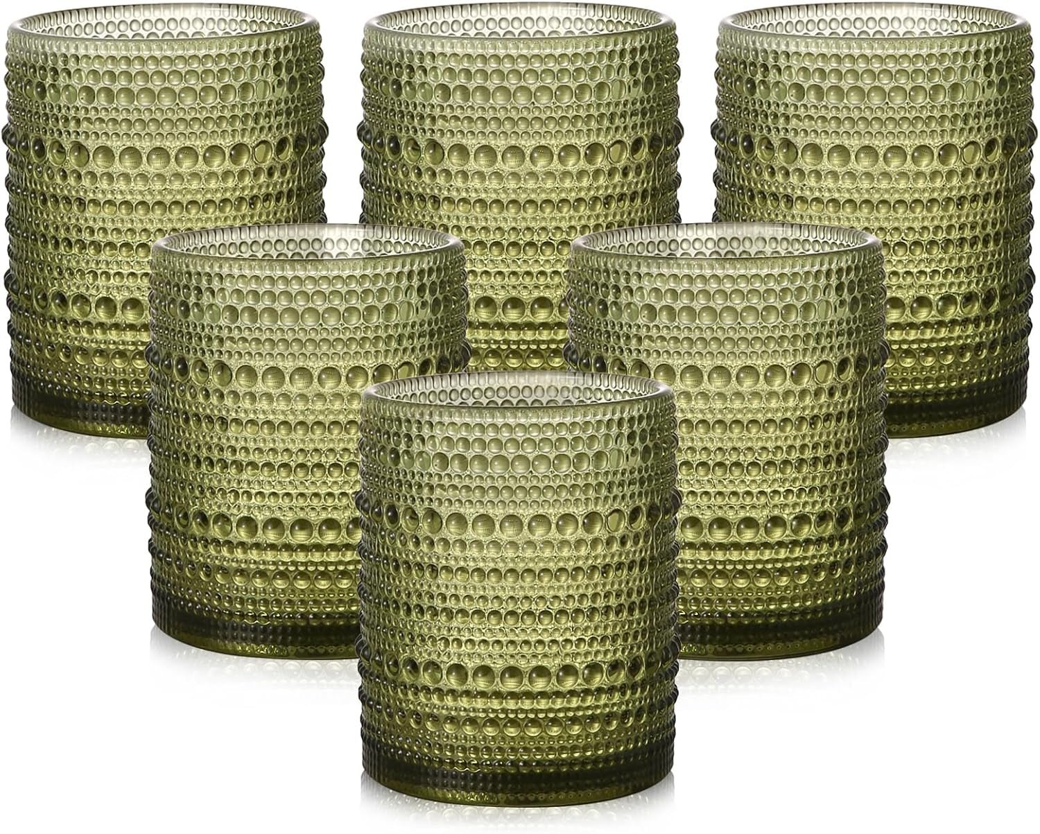 Vintage Glassware Drinking Glasses Set of 6,12 Oz Hobnail Glass Cups,Embossed Green Water Tumbler,For Beer,Cocktail,Whiskey,Juice and Various Mixed Drinks- 1 Cleaning Brush