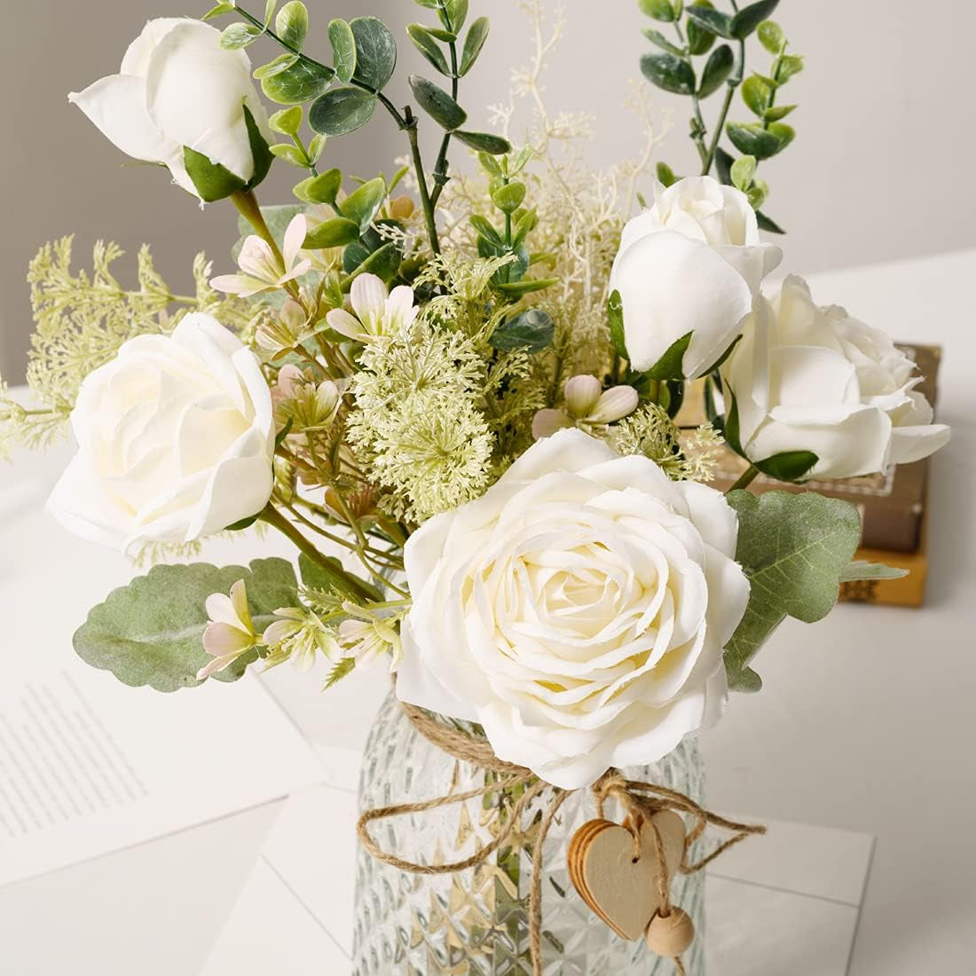 Fake Flowers with Vase, Silk Roses Artificial Flowers in Vase, Faux Flower Plant Arrangement Suitable for Home Office Decoration, Dining Table Centerpiece(White)