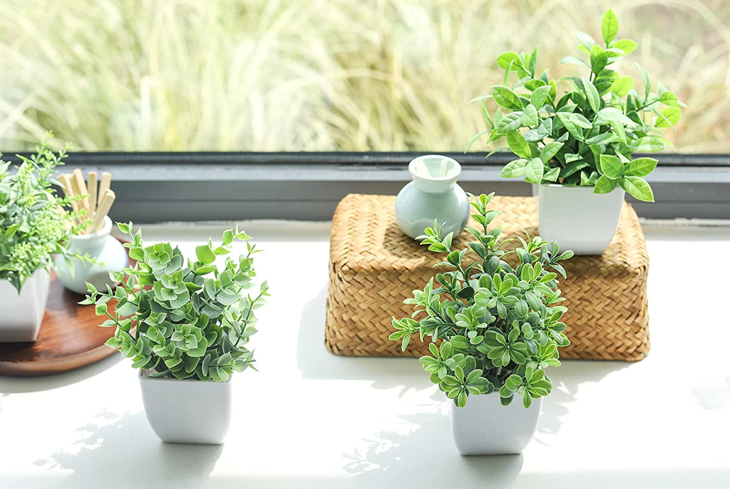 4 Pack Fake Plants Mini Artificial Greenery Potted Plants for Home Decor Indoor Office Table Room Farmhouse Bathroom Decor