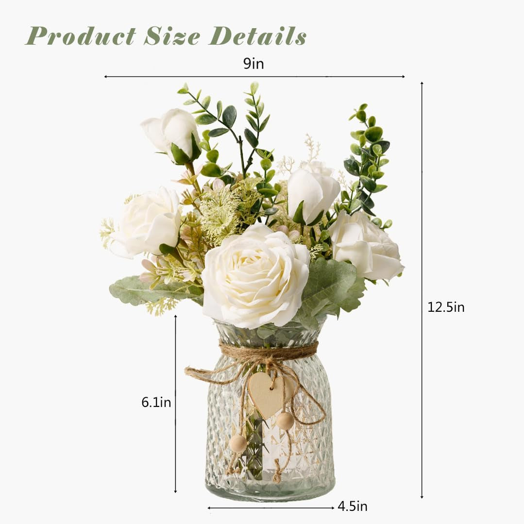 Fake Flowers with Vase, Silk Roses Artificial Flowers in Vase, Faux Flower Plant Arrangement Suitable for Home Office Decoration, Dining Table Centerpiece(White)