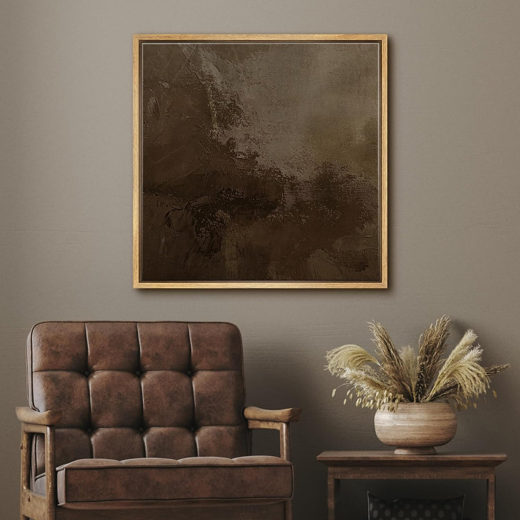 Framed Canvas Print Wall Art Textured Brown Abstract Rustic Brushstroke Illustrations Rustic Zen for Living Room, Bedroom, Office - 24"X24" Natural