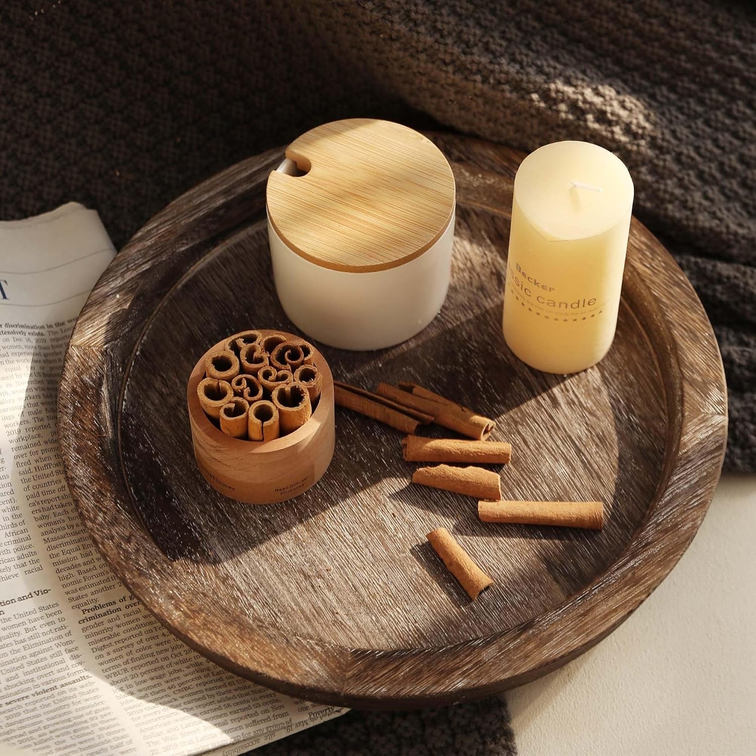 Candle Plate Holder Tray: round Wood Decorative Candle Plate Decor Farmhouse Table Centerpiece Rustic Wood Tealight Pillar Trays for Christmas Wedding Halloween Home Decor