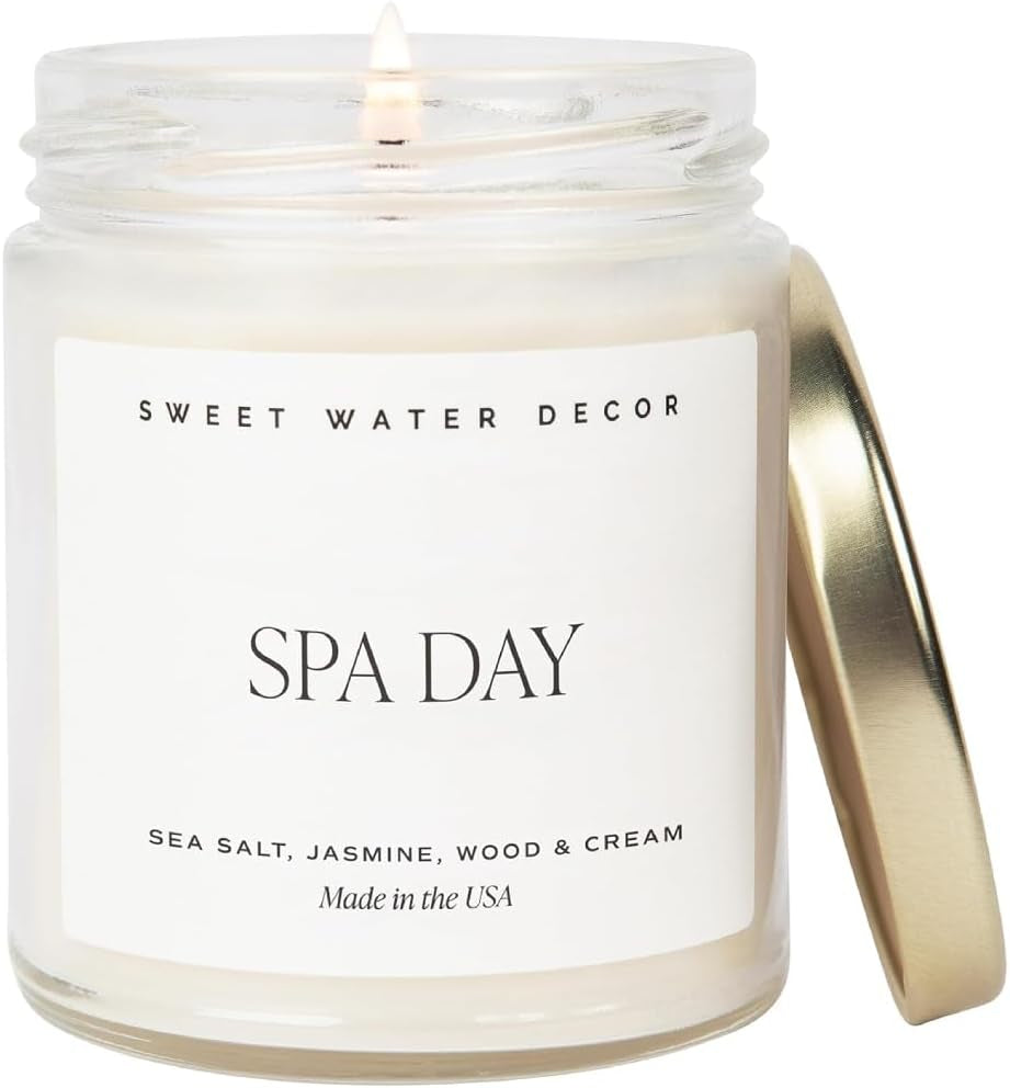 Spa Day Soy Candle - Sea Salt, Jasmine, Wood and Cream Scented Spring Candles for Home - 9Oz Clear Jar + Gold Lid, 40+ Hour Burn Time, Made in the USA