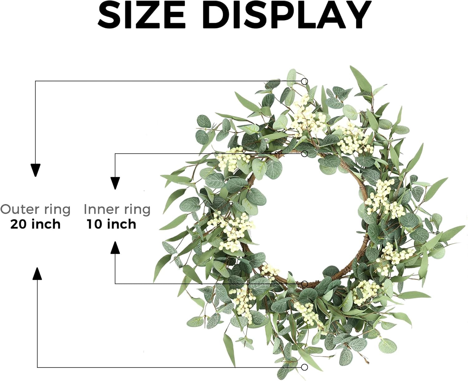 20'' Eucalyptus Wreath for Front Door, Porch, Window - Green Decor for Home, Farmhouse - Spring, Summer, Fall, All Seasons