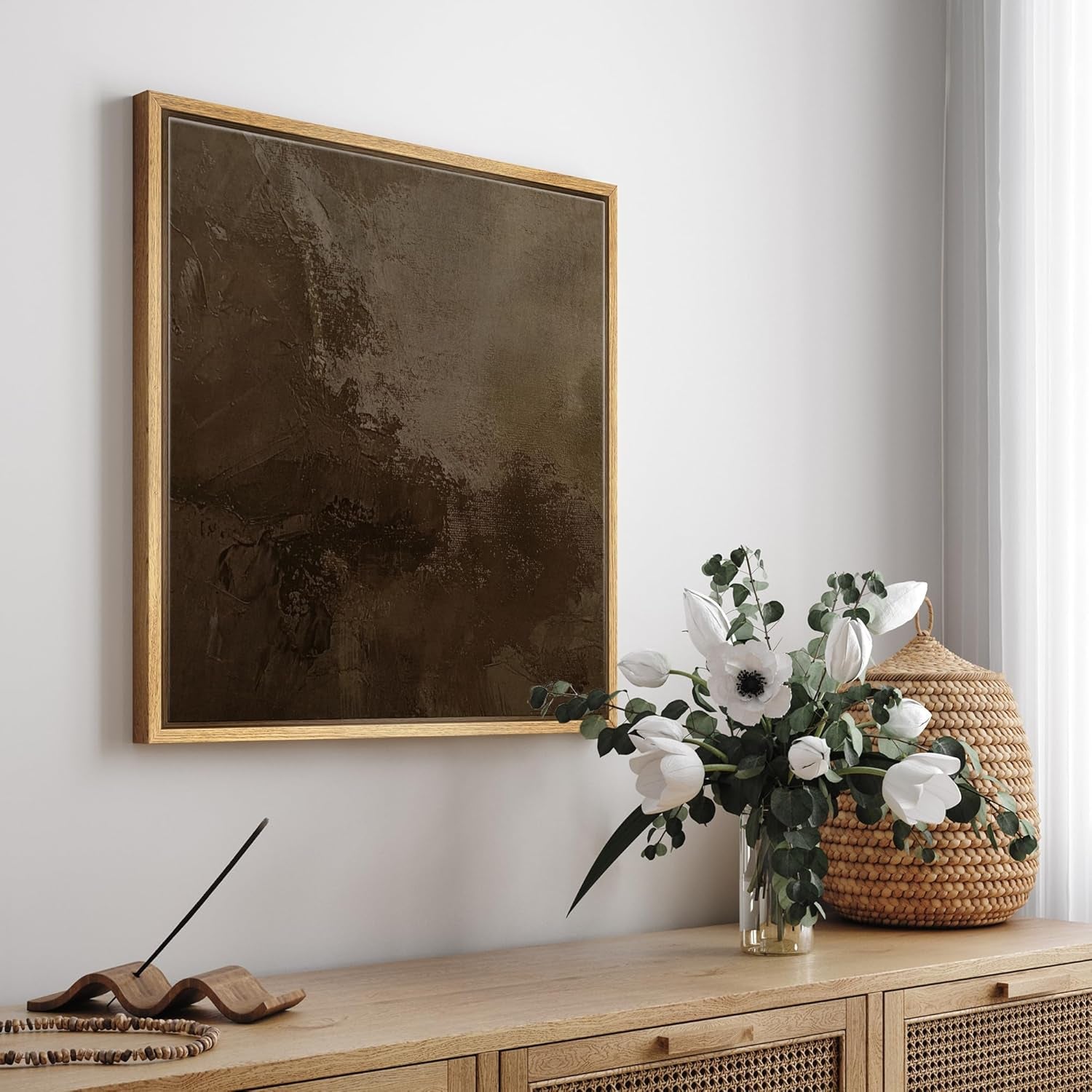 Framed Canvas Print Wall Art Textured Brown Abstract Rustic Brushstroke Illustrations Rustic Zen for Living Room, Bedroom, Office - 24"X24" Natural