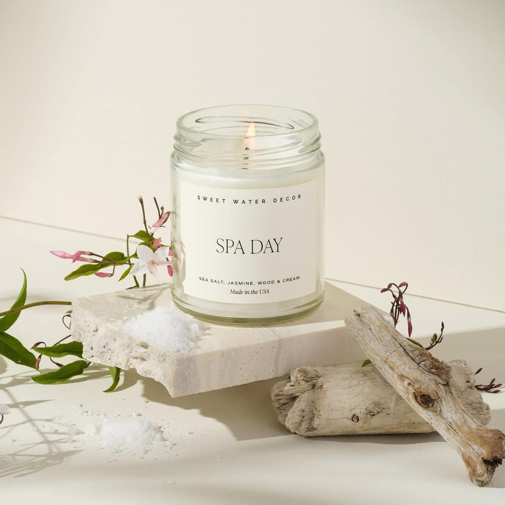Spa Day Soy Candle - Sea Salt, Jasmine, Wood and Cream Scented Spring Candles for Home - 9Oz Clear Jar + Gold Lid, 40+ Hour Burn Time, Made in the USA