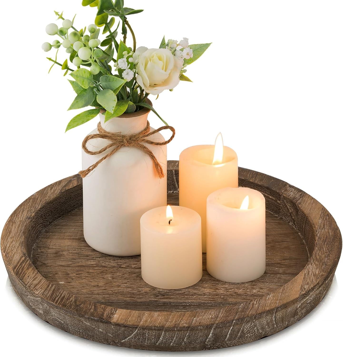 Candle Plate Holder Tray: round Wood Decorative Candle Plate Decor Farmhouse Table Centerpiece Rustic Wood Tealight Pillar Trays for Christmas Wedding Halloween Home Decor