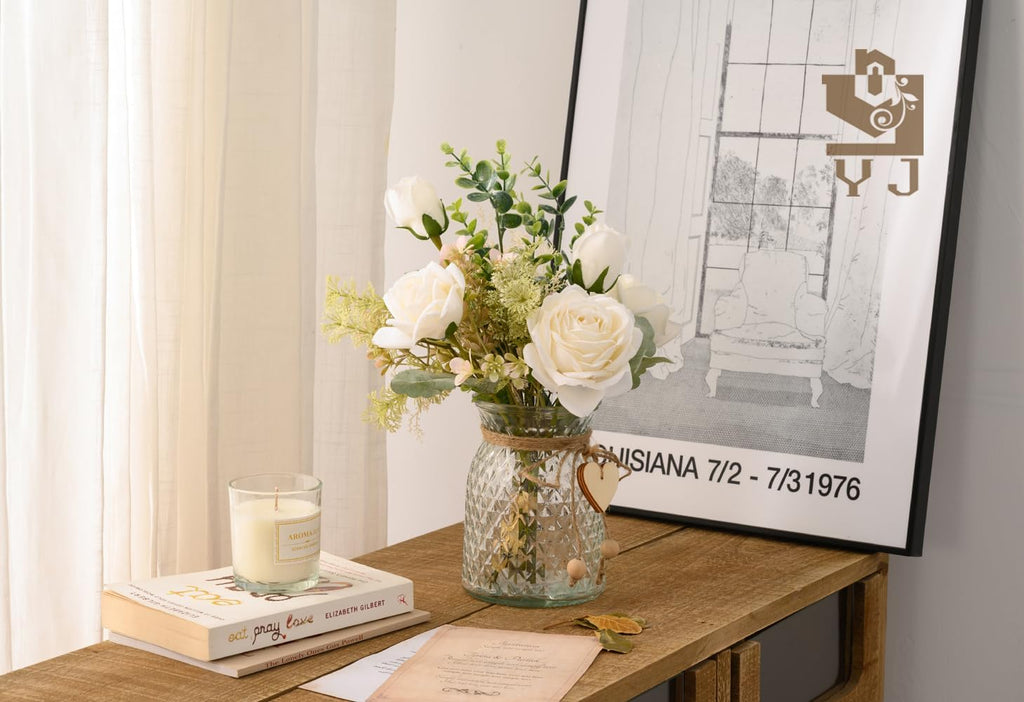 Fake Flowers with Vase, Silk Roses Artificial Flowers in Vase, Faux Flower Plant Arrangement Suitable for Home Office Decoration, Dining Table Centerpiece(White)