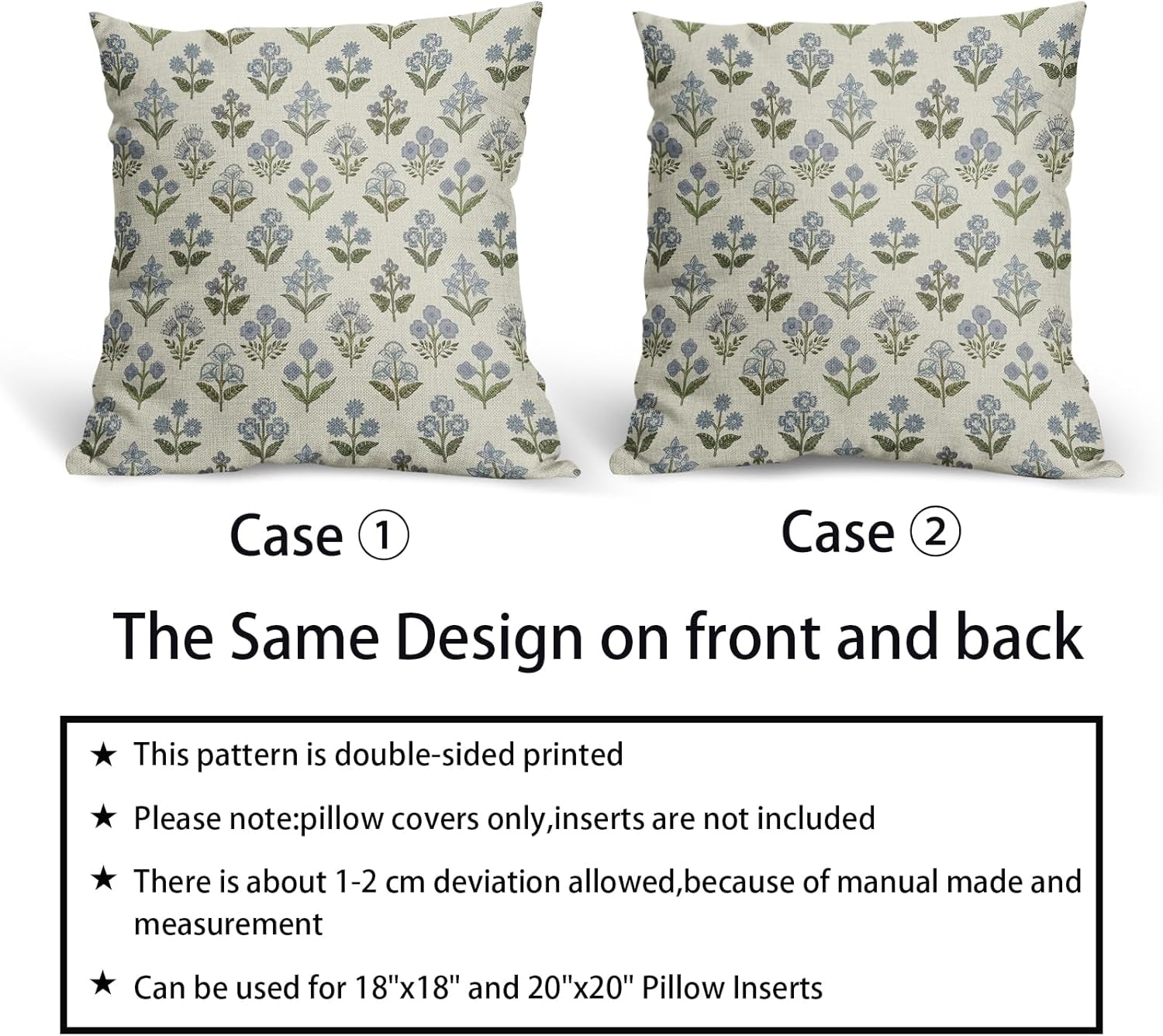 Blue Green Block Print Pillow Covers 18X18 Inch Set of 2, Vintage Floral Spring Decorative Throw Pillow Cases Boho Cushion Covers Rustic Decoration Gift Farmhouse Sofa Couch Bed Decor