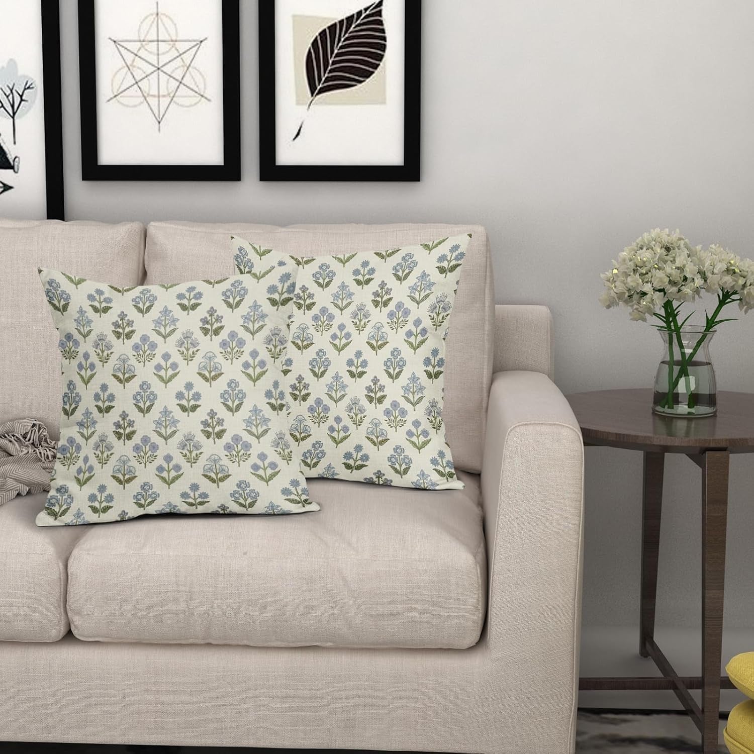 Blue Green Block Print Pillow Covers 18X18 Inch Set of 2, Vintage Floral Spring Decorative Throw Pillow Cases Boho Cushion Covers Rustic Decoration Gift Farmhouse Sofa Couch Bed Decor