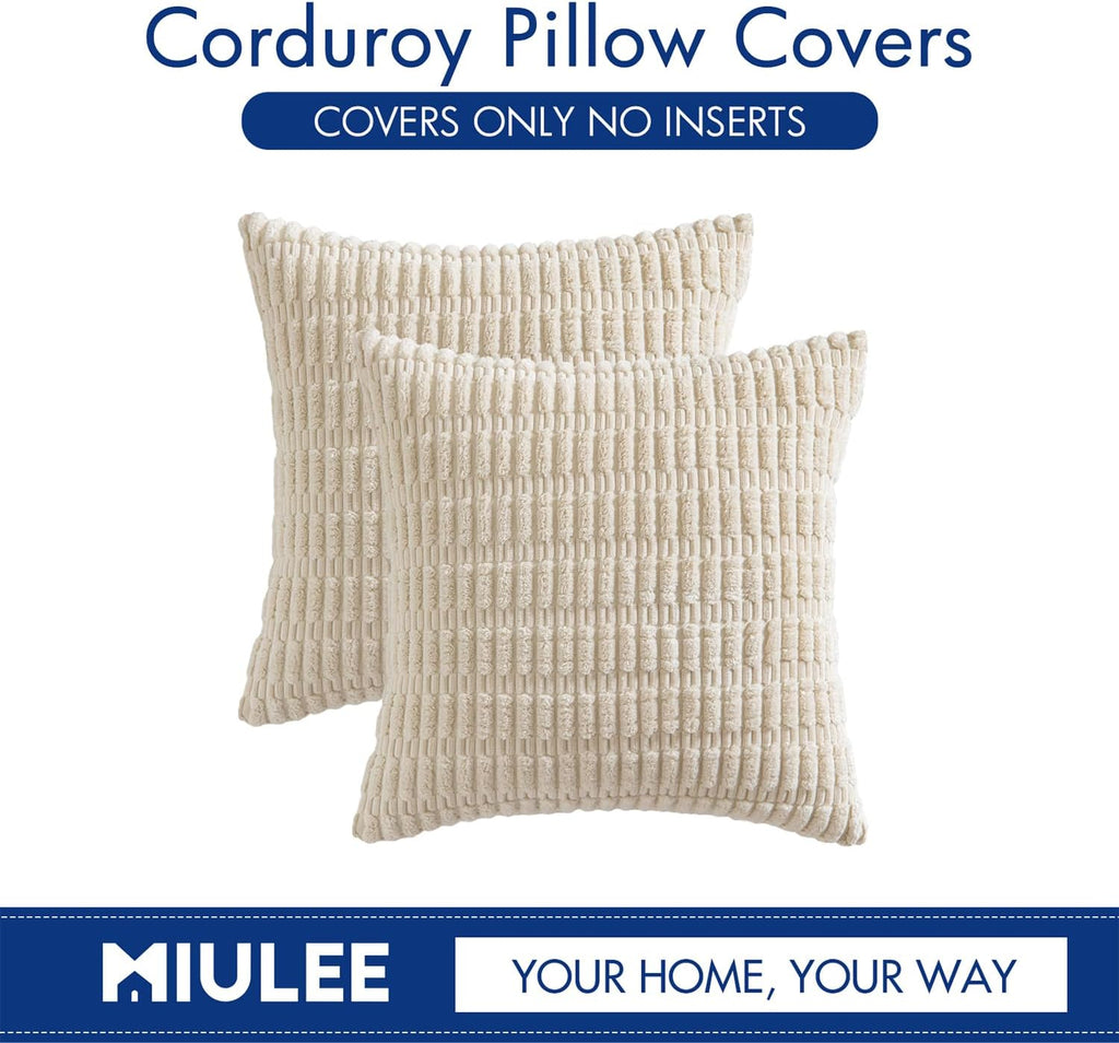Pack of 2 Corduroy Decorative Throw Pillow Covers 18X18 Inch Soft Boho Striped Pillow Covers Modern Farmhouse Home Decor for Sofa Living Room Couch Bed Cream White