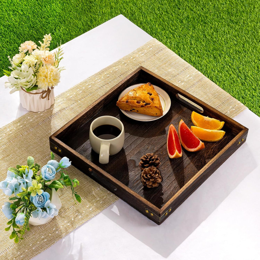Serving Tray with Handles,13"*13"Wood Decorative Tray for Living Room,Modern Coffee Table Tray,Square Large Serving Platters for Home Decor,Ottoman,Bed,Kitchen,Bathroom, Breakfast,Bar