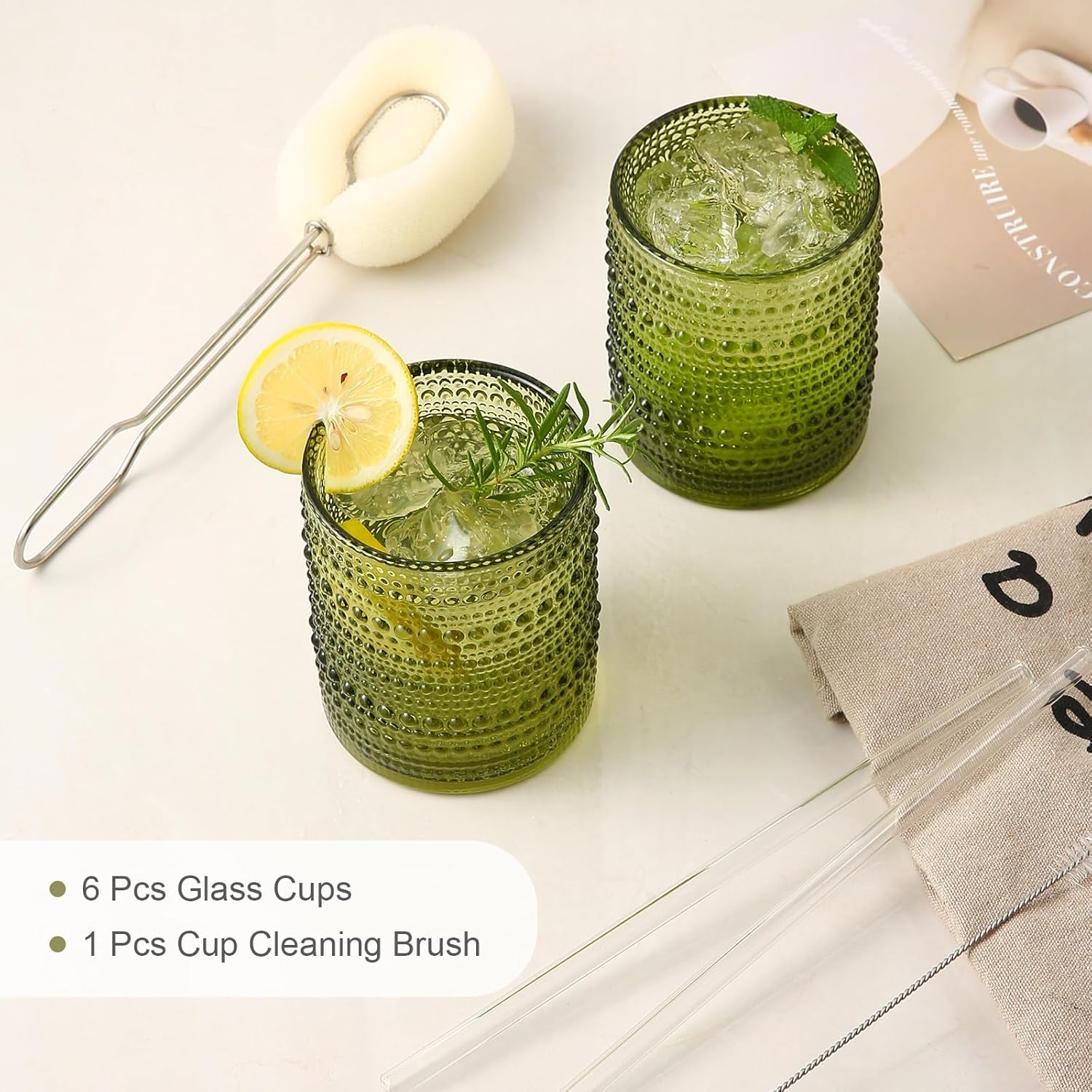 Vintage Glassware Drinking Glasses Set of 6,12 Oz Hobnail Glass Cups,Embossed Green Water Tumbler,For Beer,Cocktail,Whiskey,Juice and Various Mixed Drinks- 1 Cleaning Brush