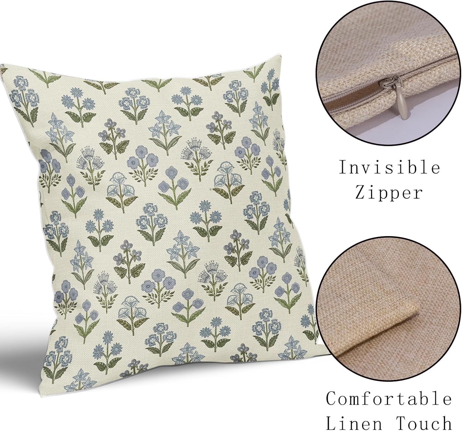 Blue Green Block Print Pillow Covers 18X18 Inch Set of 2, Vintage Floral Spring Decorative Throw Pillow Cases Boho Cushion Covers Rustic Decoration Gift Farmhouse Sofa Couch Bed Decor