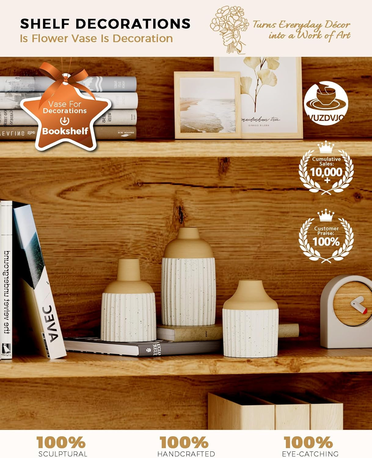 Beige Decorative Vase Set of 3 - Modern Boho Style Ribbed Ceramic Bud Vases for Flowers, Mini Small Vases for Shelf, Shelves, Bookshelf, Entryway Table & Home Decor Aesthetic (Beige White)