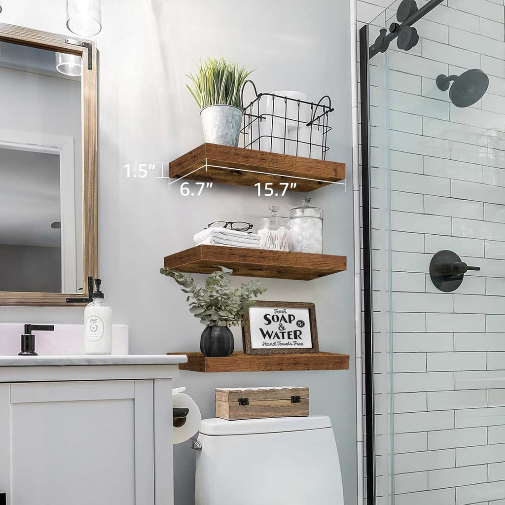 Floating Shelves for Wall Bathroom Shelf Bedroom Kitchen Living Room Hanging Book Shelves Small Farmhouse Decor 16 Inch Set of 3, Rustic Brown (015-BN3)